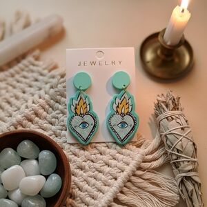 Heart and Eye Drop Earrings - Turquoise and Gold